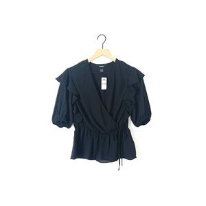 Black puff sleeve faux wrap peplum blouse size S
